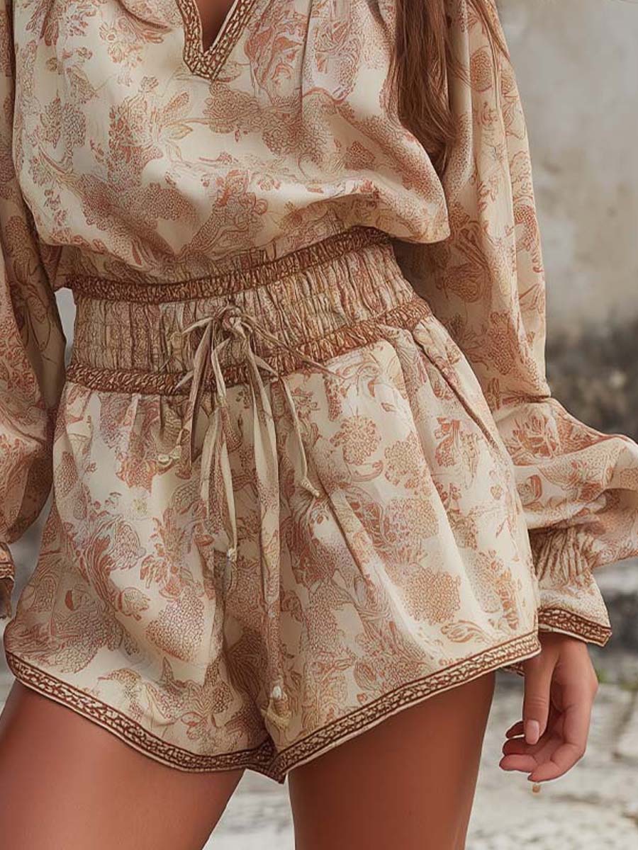 V-Neck Leaf Print Waist-Cinching Short Romper