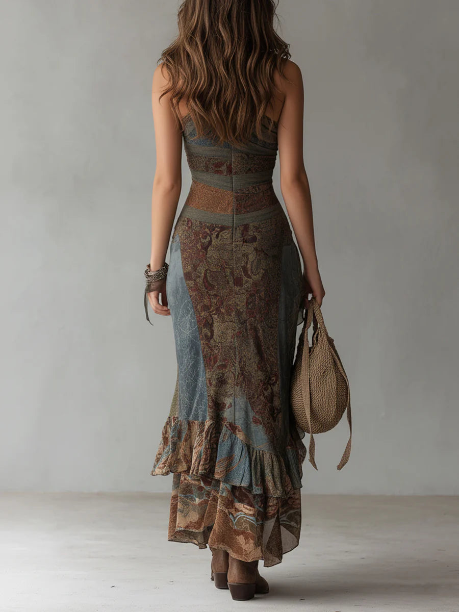Ethnic Style Printed One-Shoulder Maxi Dress with High Slit