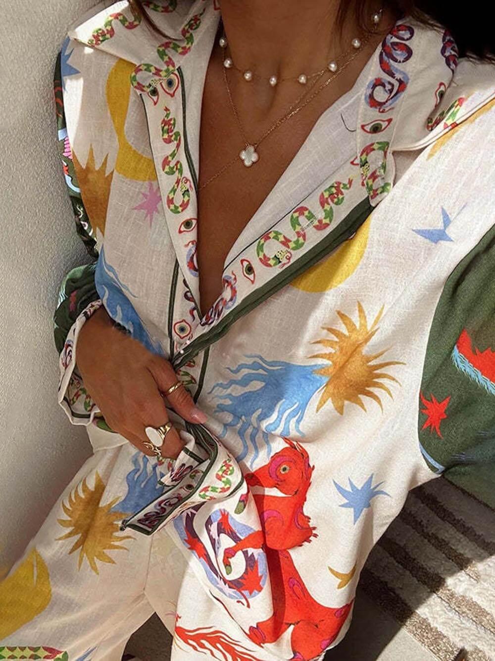 Unique Print Long-Sleeve Shirt and Elastic Waist Pants Set