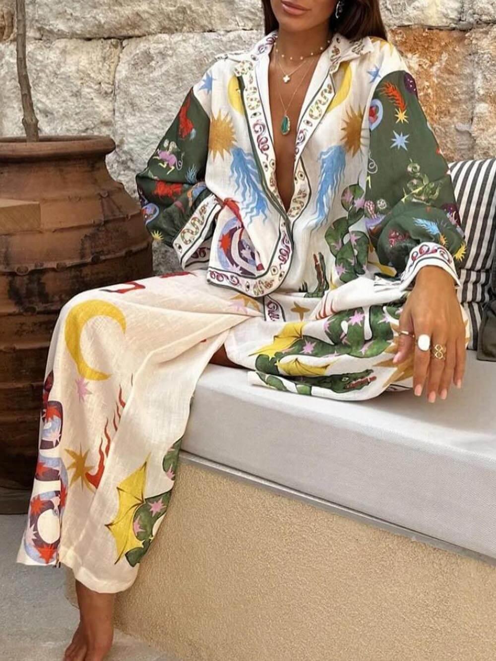 Unique Print Long-Sleeve Shirt and Elastic Waist Pants Set