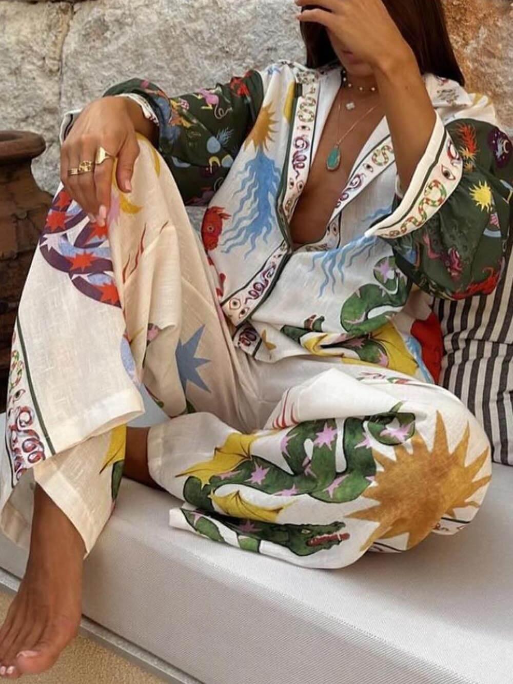 Unique Print Long-Sleeve Shirt and Elastic Waist Pants Set