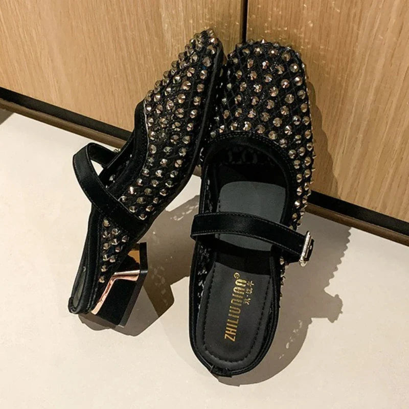 MONTAIGNE™ | Mesh Mule Sandals with Square Toe & Crystal Details