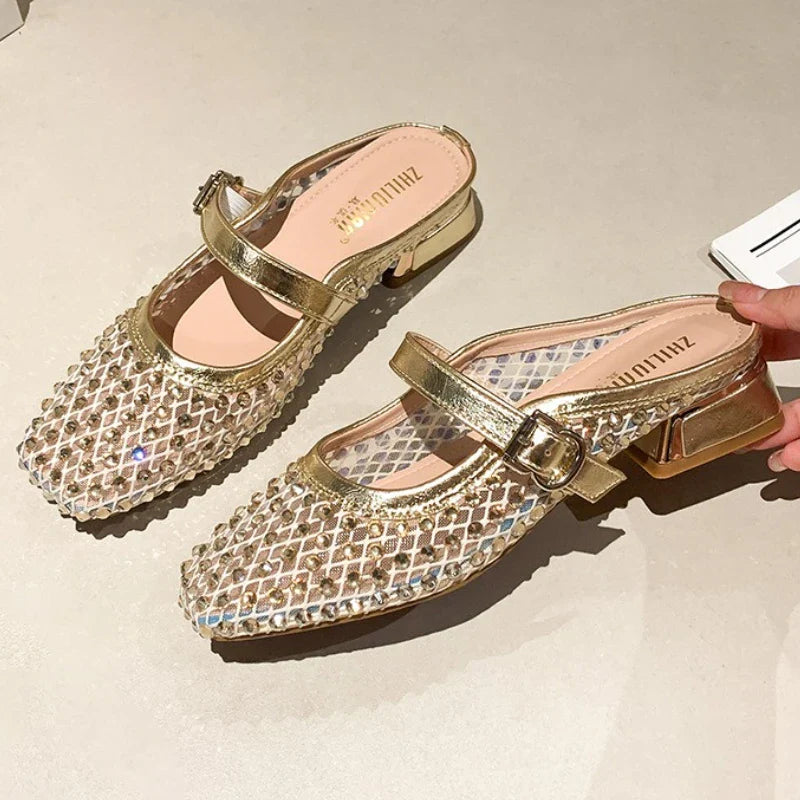 MONTAIGNE™ | Mesh Mule Sandals with Square Toe & Crystal Details