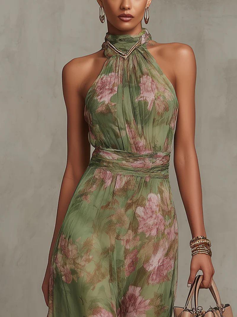 Serena — Floral Chiffon Maxi Dress with Halter Neckline