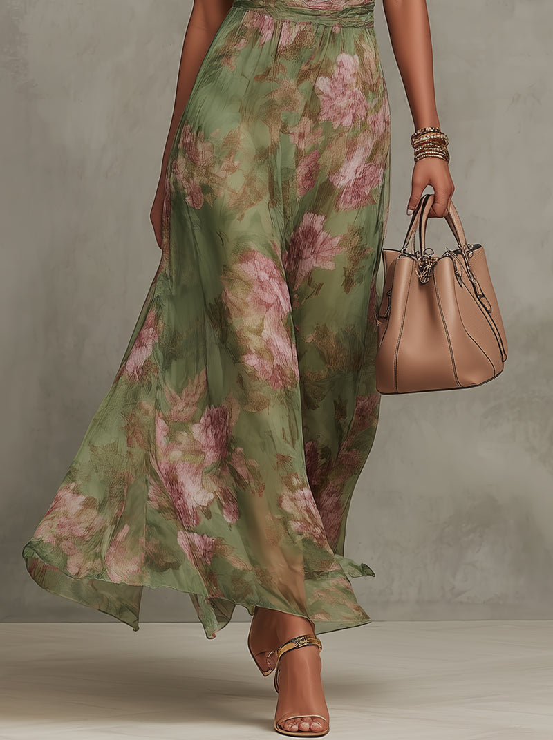 Green Floral Chiffon Halter-Neck Maxi Dress