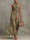 Serena — Floral Chiffon Maxi Dress with Halter Neckline