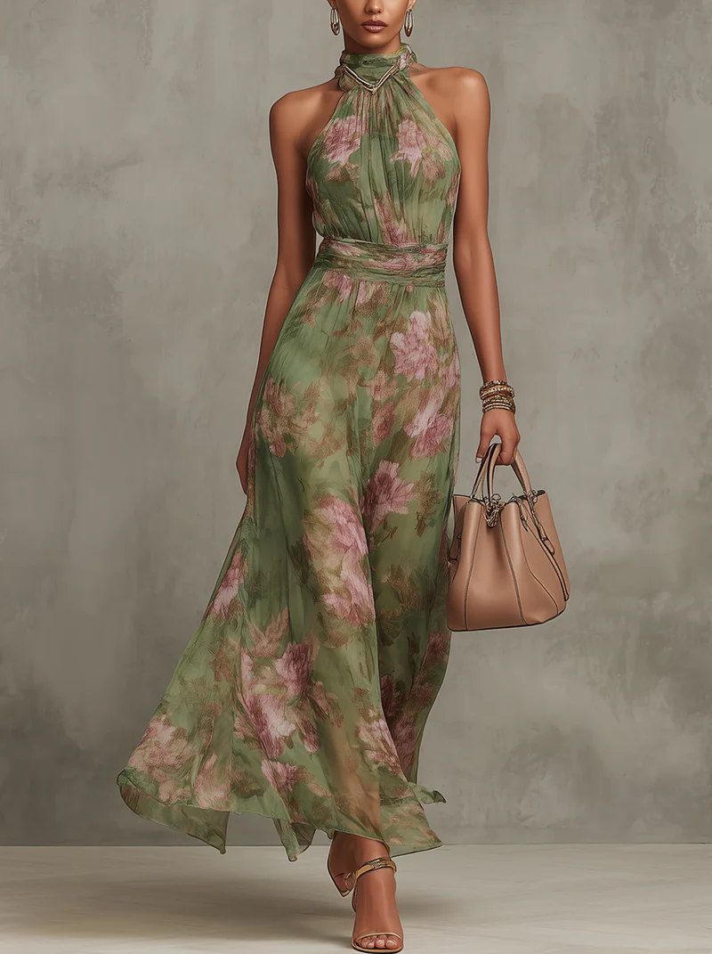 Serena — Floral Chiffon Maxi Dress with Halter Neckline