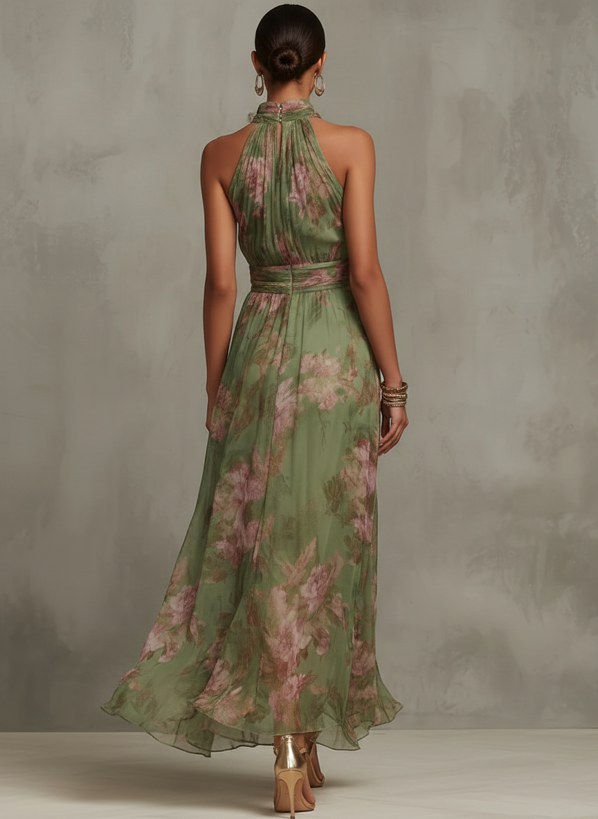 Serena — Floral Chiffon Maxi Dress with Halter Neckline