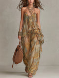 Khaki Printed Chiffon Ruffled Camisole and Wide-Leg Pants Set