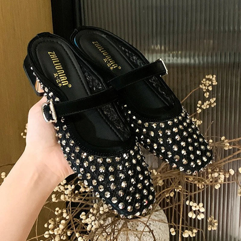 MONTAIGNE™ | Mesh Mule Sandals with Square Toe & Crystal Details