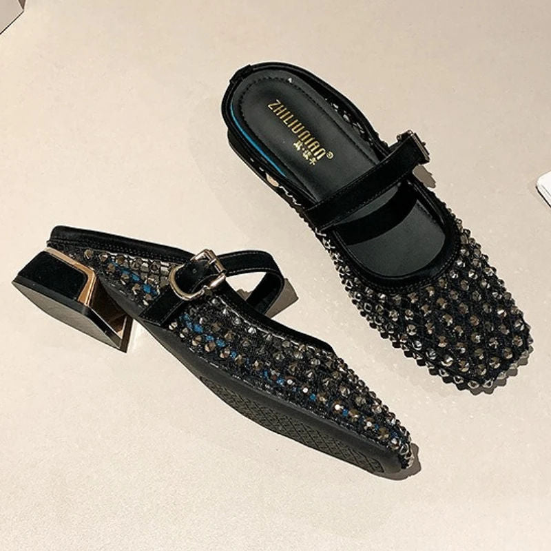 MONTAIGNE™ | Mesh Mule Sandals with Square Toe & Crystal Details