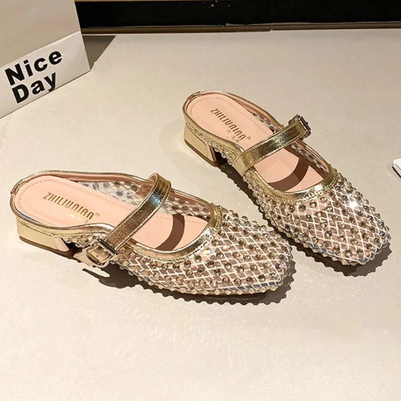 MONTAIGNE™ | Mesh Mule Sandals with Square Toe & Crystal Details