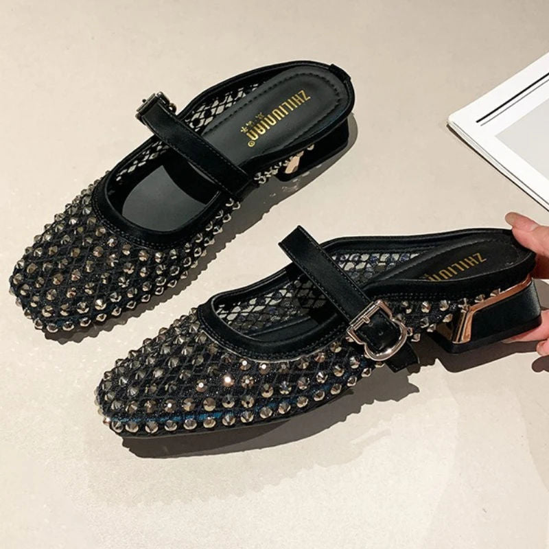 MONTAIGNE™ | Mesh Mule Sandals with Square Toe & Crystal Details