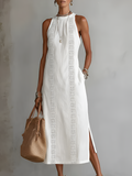 Jimena | Embroidered Midi Dress with Mandarin Collar and Wide Silhouette