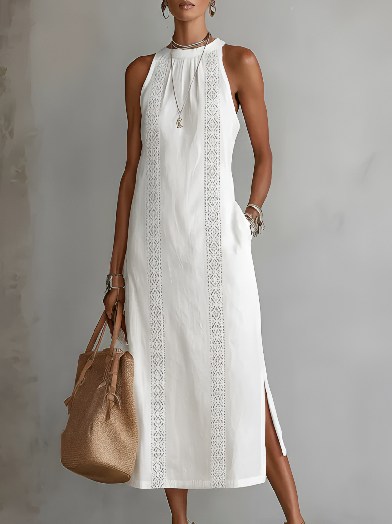 Jimena | Embroidered Midi Dress with Mandarin Collar and Wide Silhouette
