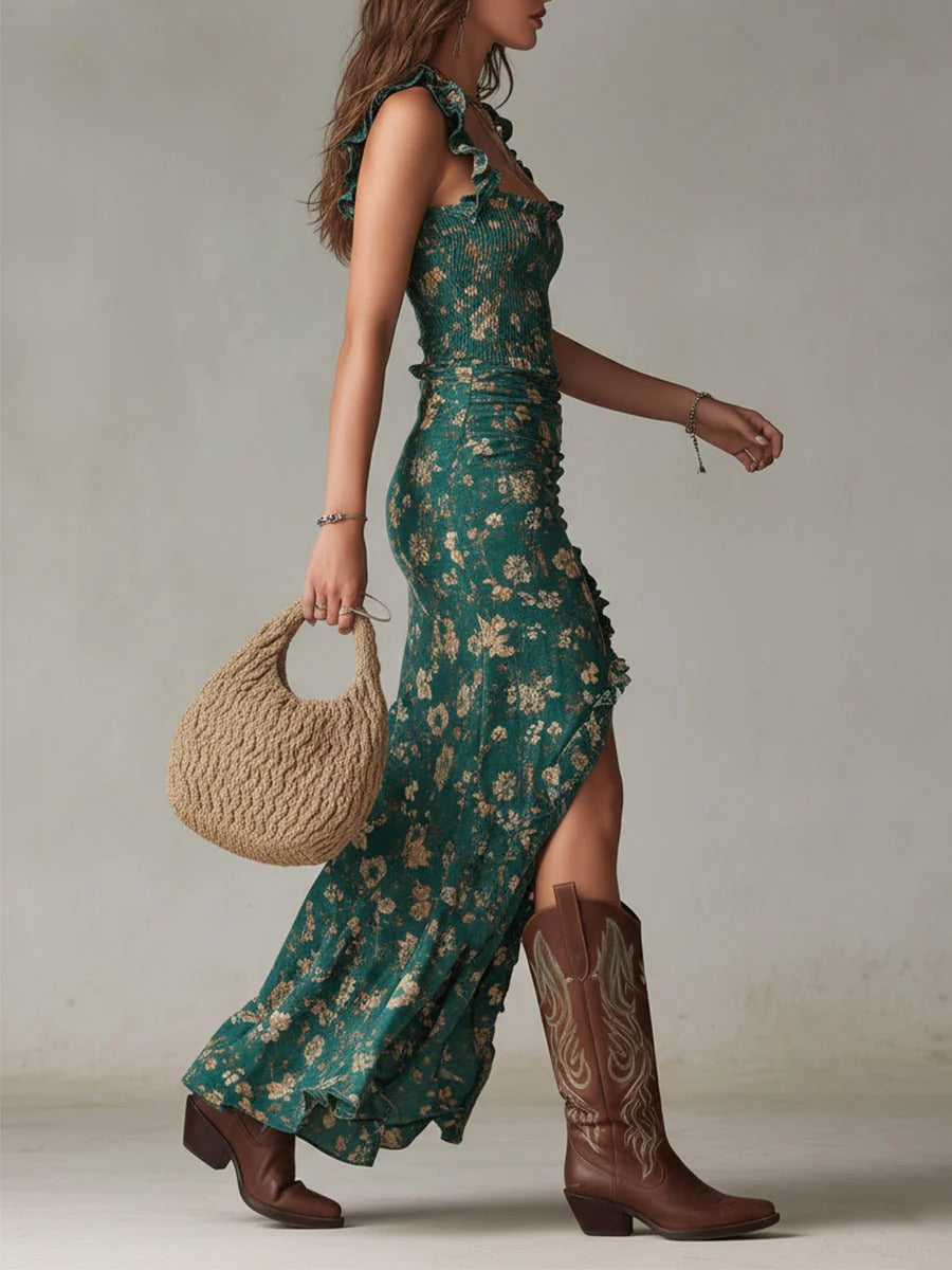 Sara | Bohemian Floral Ruched Maxi Dress with Side Slit