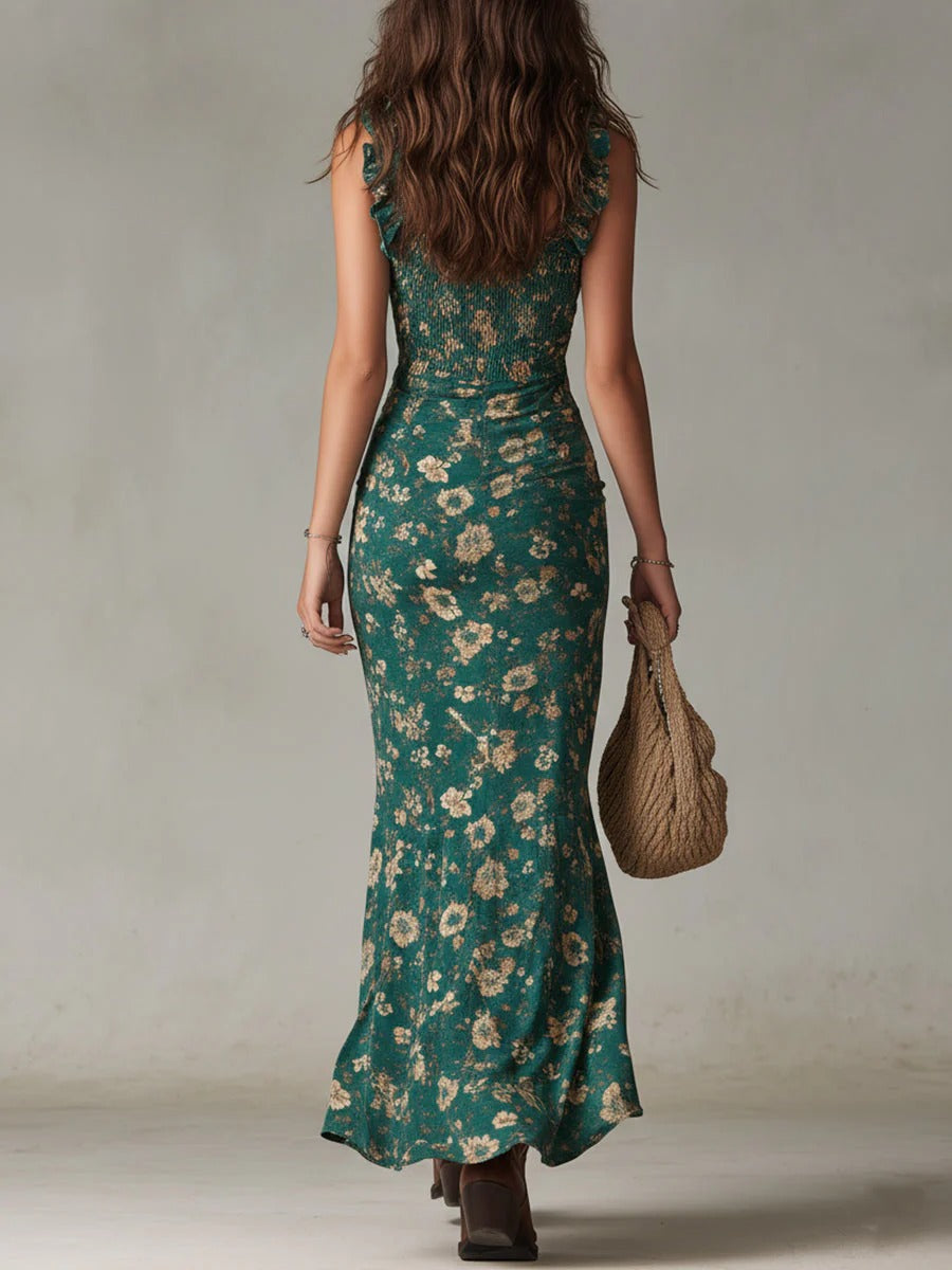 Sara | Bohemian Floral Ruched Maxi Dress with Side Slit