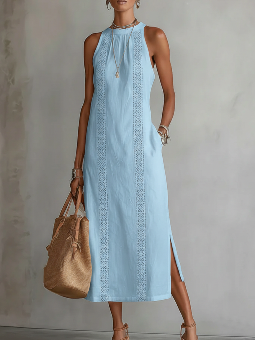 Jimena | Embroidered Midi Dress with Mandarin Collar and Wide Silhouette
