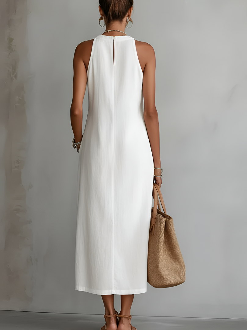 Jimena | Embroidered Midi Dress with Mandarin Collar and Wide Silhouette