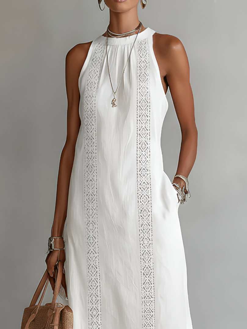 Jimena | Embroidered Midi Dress with Mandarin Collar and Wide Silhouette