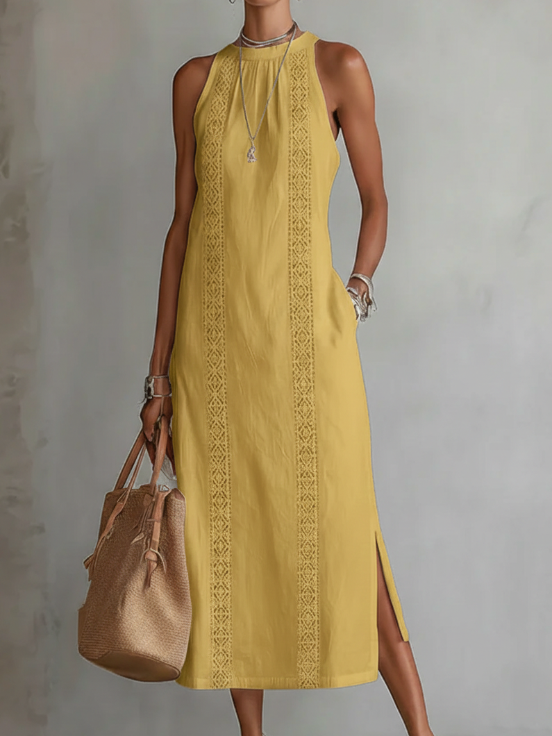 Jimena | Embroidered Midi Dress with Mandarin Collar and Wide Silhouette