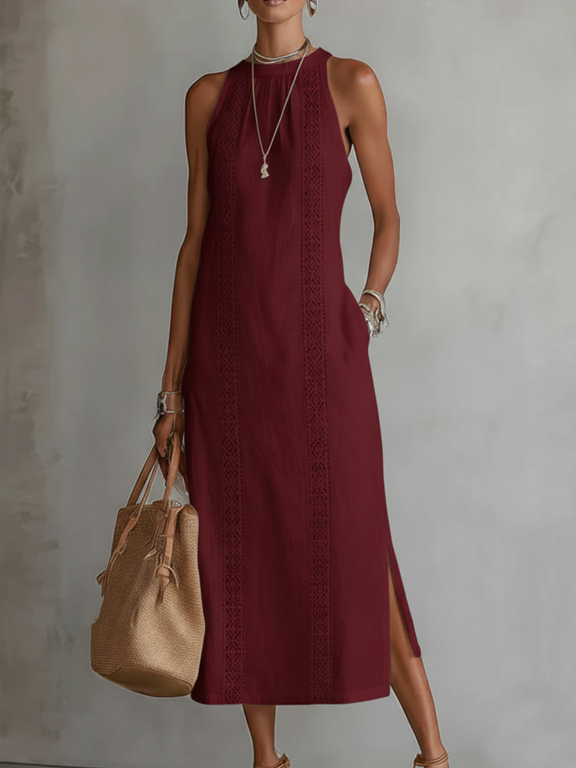 Jimena | Embroidered Midi Dress with Mandarin Collar and Wide Silhouette