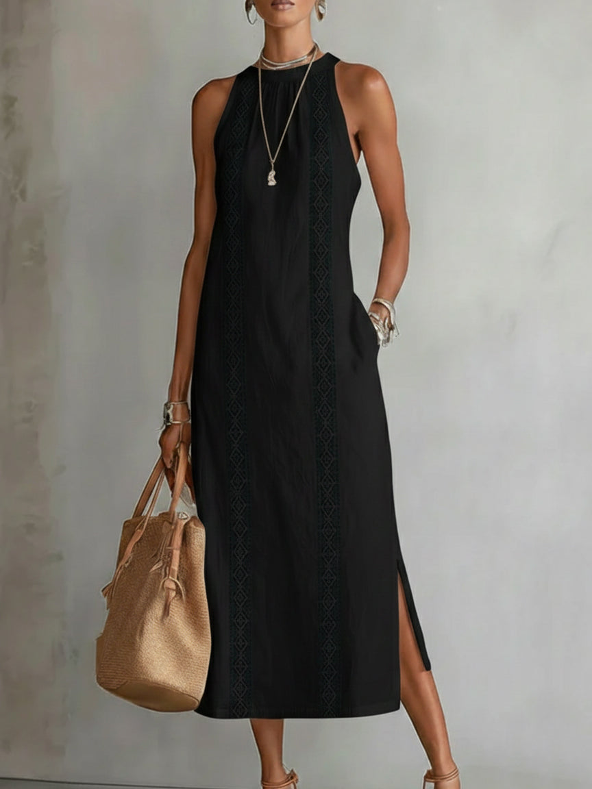 Jimena | Embroidered Midi Dress with Mandarin Collar and Wide Silhouette